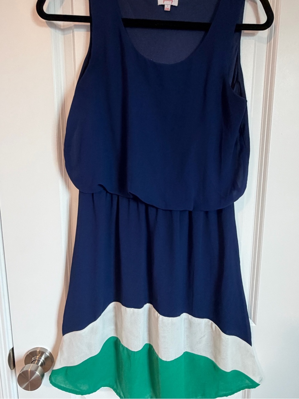 Pixley Navy Blue Sleeveless Dress with White and Green Hem